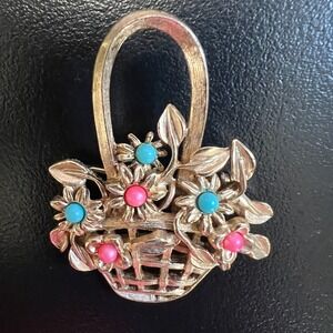 Vintage Flower Basket Brooch Round Bead Accents Gold Tone Whimsical Pin